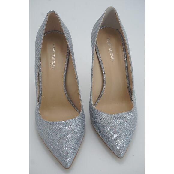 Stuart Weitzman Leigh Silver Glitter Pointed Toe Heel Pump SZ 8 $495 - Picture 6 of 12